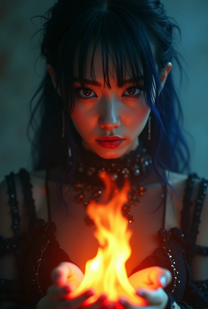 Captivating close-up cinematic portrait of a mysterious Asian woman in a dark fantasy setting. Her enigmatic face was partially revealed.
Eyes in shadow, black and blue hair contrast with pastel skin. The suggestive flames in her hands make the artist's name "30%" glow with orange-red flames, creating an eerie glow that highlights the intricate details of her clothing. The dark and hazy background heightens the dramatic and intense atmosphere, drawing attention to the characters and flames, which are the central elements of the work. Skillful use of light and shadow creates a realistic and immersive experience that resonates deeply on an emotional level, while imaginative compositions and vivid contrasts between light and dark capture the viewer's attention., 3d rendering, portrait photography , illustration, conceptual art, vibrant, cinematic, poster, fashion, dark fantasy, drawing, typography, wildlife photography, product, graffiti, animation, architecture, photograph