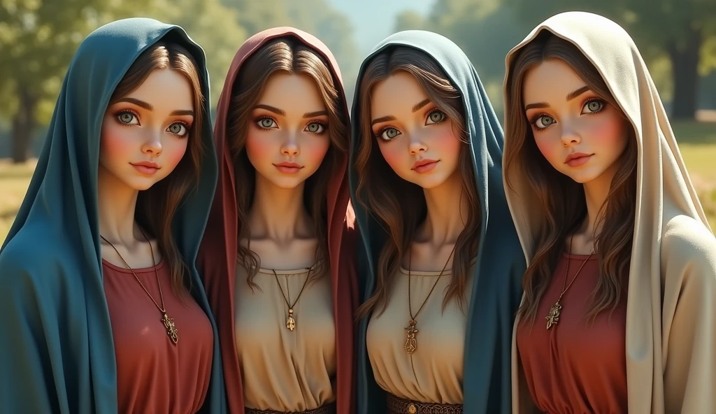 Four beautiful Virgin Marys looking at the camera、Raw photo、Natural Light、Natural skin texture、Moist eyes, (whole body:1.2), Wearing a reddish-beige tunic with a blue cloak and veil , The body is slim, Beautiful feet, whole body, Daytime, Halo