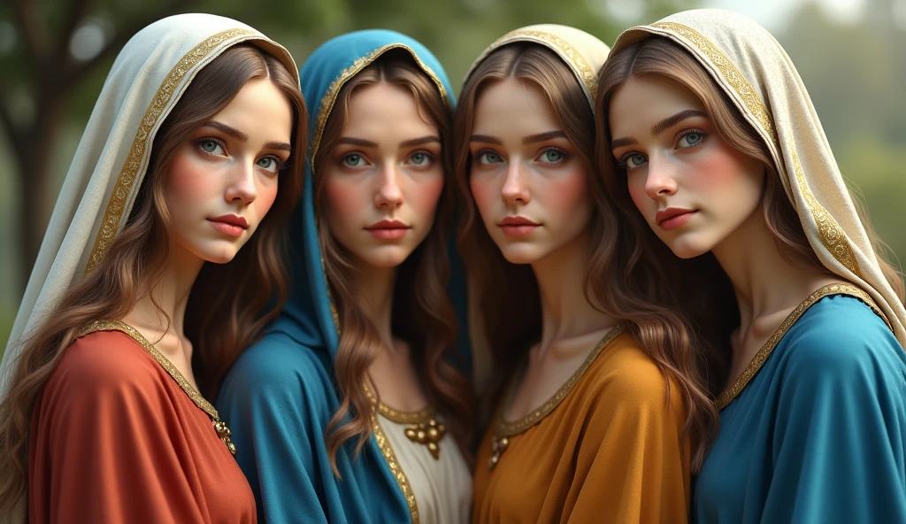 Four beautiful Virgin Marys looking at the camera、Raw photo、Natural Light、Natural skin texture、Moist eyes, （whole body：1.2）, Wearing a reddish-beige tunic with a blue cloak and veil , The body is slim, Beautiful feet, whole body, Daytime, Halo