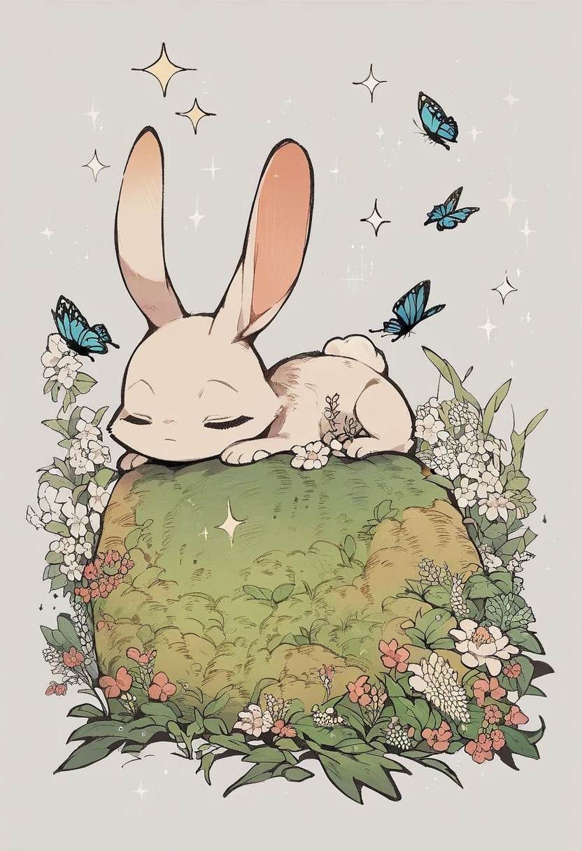 score_9,score_8_up,score_7_up,score_6_up,score_5_up,score_4_up rating_questionable, solo,simple background,closed mouth,full body,closed eyes,flower,no humans,sparkle,:3,animal,bug,on stomach,butterfly,rabbit,animal focus 