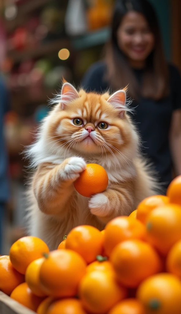 photorrealistic, 64k, cute big fat [persian cat] buying orange fruit in Indonesia traditional market