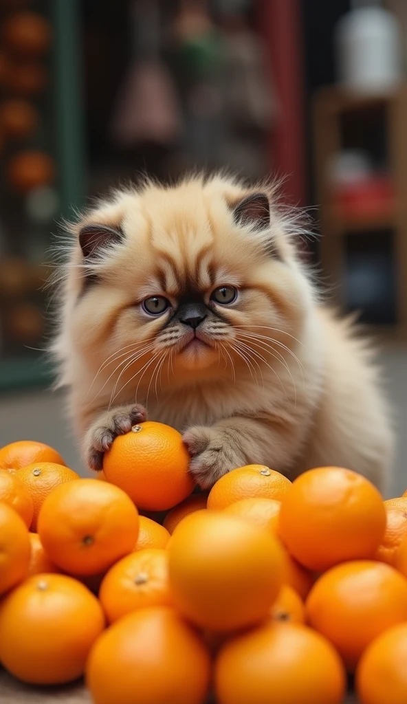 photorrealistic, 64k, cute big fat [persian cat] buying orange fruit in Indonesia traditional market