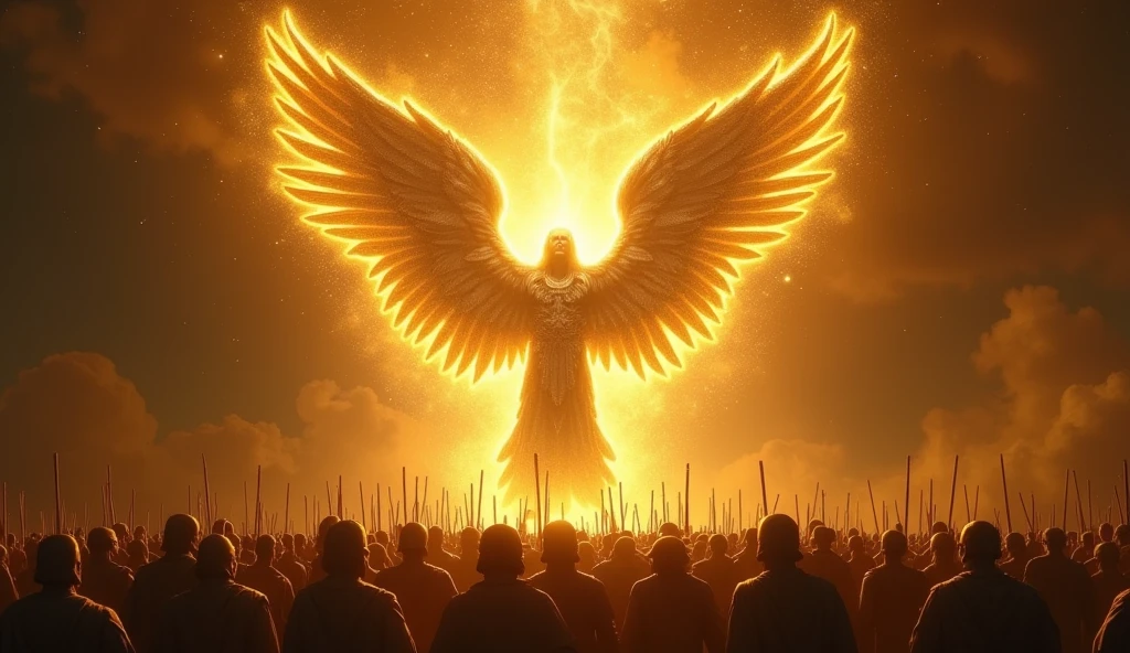 Imagine a shiny gold god, Surrounded by an aura of intense light, . The contrast between the heavenly light of the angel and the darkness of the night、Create dramatic and intimidating scenes. Angels、It should be depicted as majestic and powerful., With shining wings and an intimidating presence. The light that emanates from him, Creates dramatic shadows." Make the angel man with big wings far away in the sky and the 多くの soldiers looking at him, And increase its brightness, Horizontal corner of the image, As if facing each other