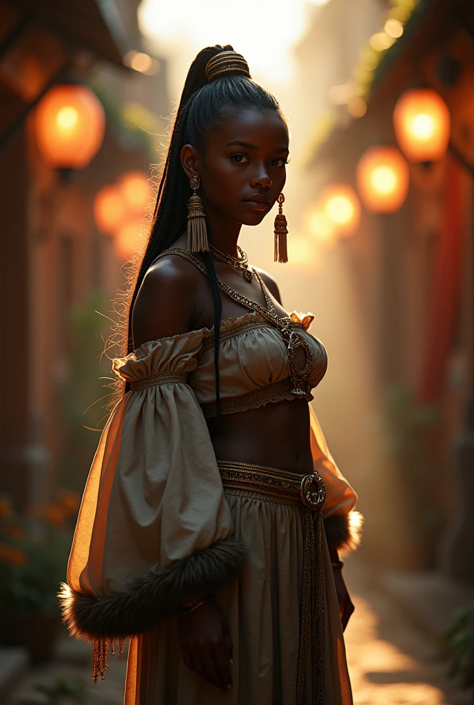 1girl, volumetric light, (bright scene:1.5), perfect lighting, village,  depth of field, bokeh ,hair ornament,  (huge breast:1.5) photography, masterpiece, best quality,HDR, highres,realistic details,40K, HDR, highres,
icestylesamurai, dark skin, gloves, wide sleeves, , tassel, sash, fur trim, perfect ass, thick thighs, pants,