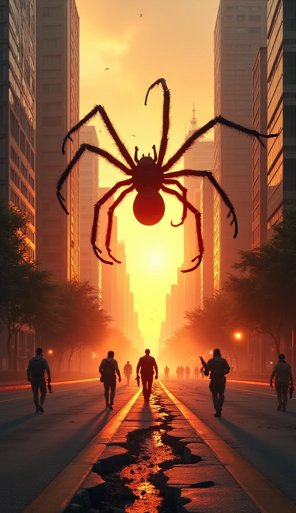 Image In the city in the morning in the middle of the road tall buildings .
The scene shook There was a deep crack under the road. .underground space rift Anh Tam army is holding AK 47 shooting giant spider 