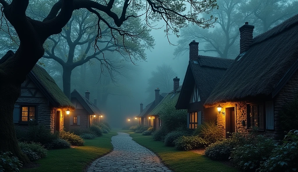 A quaint village next to a dark, dense forest with looming, shadowy trees.