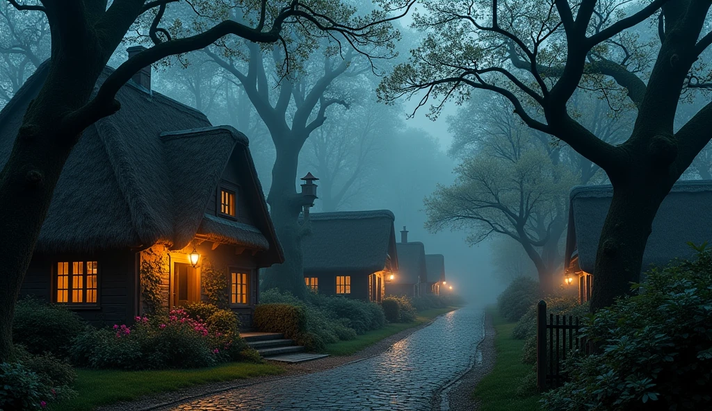 A quaint village next to a dark, dense forest with looming, shadowy trees.