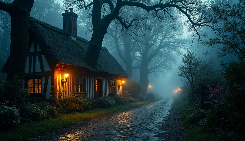 A quaint village next to a dark, dense forest with looming, shadowy trees.