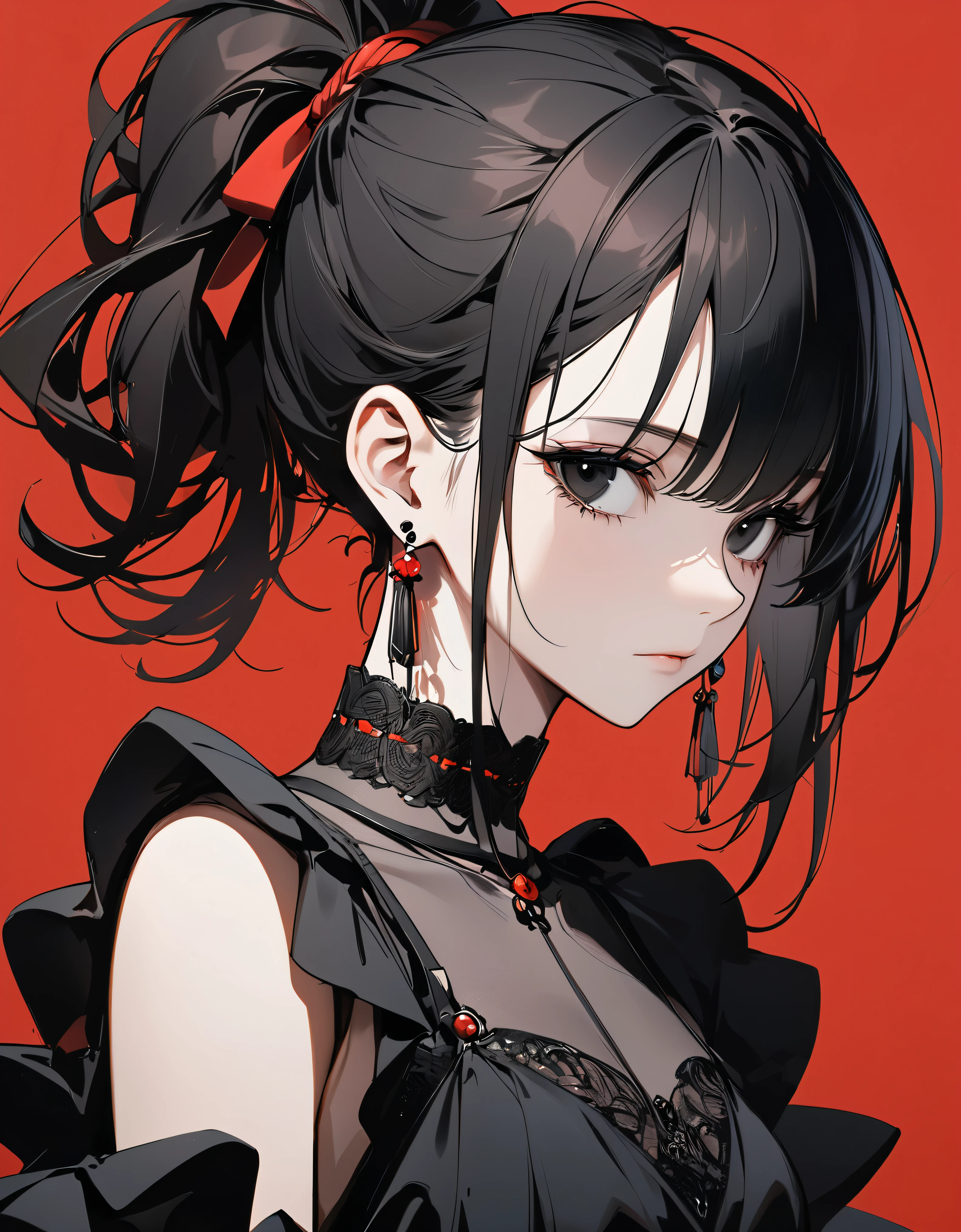 best quality, beautiful, hair tie, 8K, expressionless, side body, head tilt look view, black eyes, slim, dress, earrings, choker, concept, red background