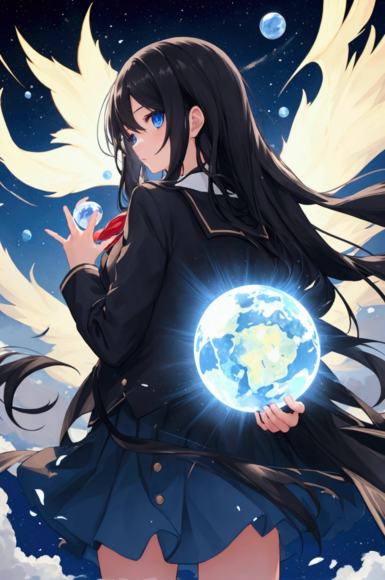 1 girl front view, black long hair flowing in the wind, blue eyes, holding shining globe with two hands, school uniform dark background