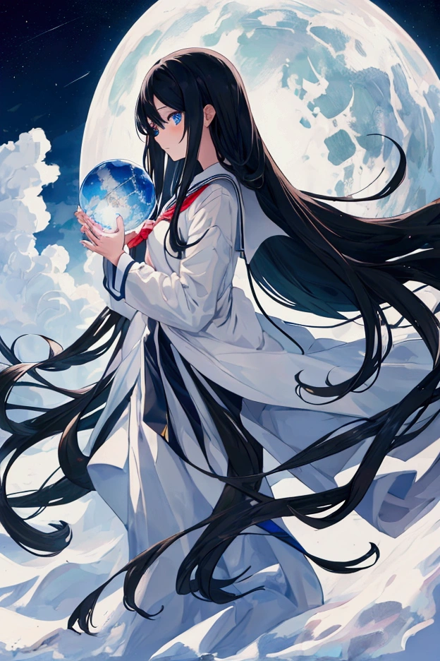 1 girl front view, black long hair flowing in the wind, blue eyes, holding shining globe with two hands, school uniform dark background