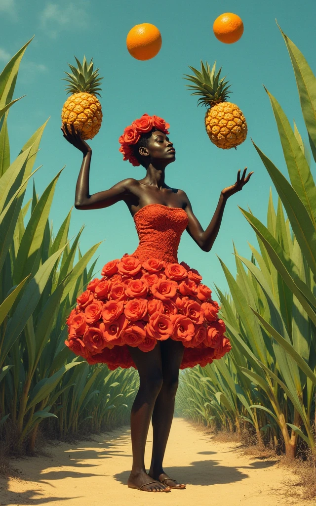 Fashion model photography, ballet dress made of big cactus leaves, big cactus leaves in various shapes and colors, strong sense of design, medium shot, african girl, short hair, hair accessories, delicate skin, smiling, wide background desert, high texture, natural light