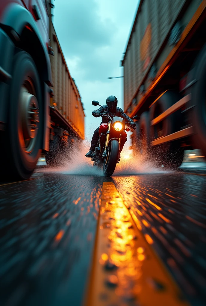 a rider between two lorries, extremely dangerous situation, high speed chase, adrenaline, motion blur, low angle, dramatic lighting, cinematic composition, gritty urban environment, moody atmosphere, vibrant colors, hyper-realistic, award winning photography, masterpiece, (best quality,4k,8k,highres,masterpiece:1.2),ultra-detailed,(realistic,photorealistic,photo-realistic:1.37)