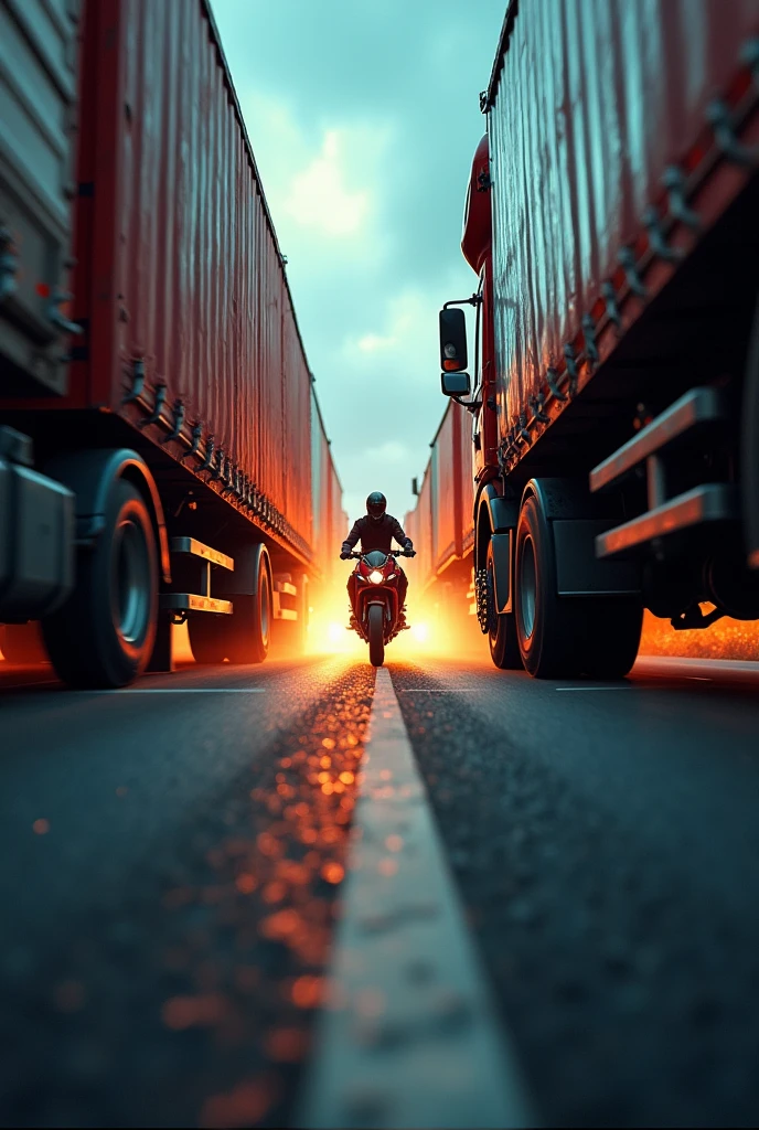 a rider between two lorries, extremely dangerous situation, high speed chase, adrenaline, motion blur, low angle, dramatic lighting, cinematic composition, gritty urban environment, moody atmosphere, vibrant colors, hyper-realistic, award winning photography, masterpiece, (best quality,4k,8k,highres,masterpiece:1.2),ultra-detailed,(realistic,photorealistic,photo-realistic:1.37)