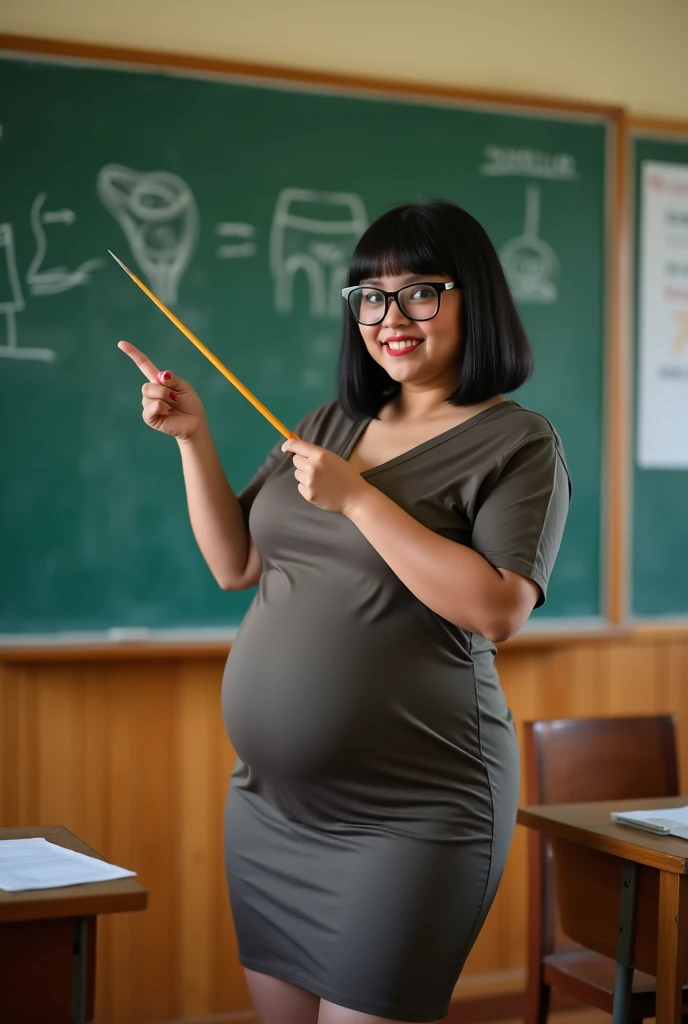 a beautiful indonesian woman, chubby and plump, big belly, natural big breasts, wear dexy knee-lenght dress, glasses, tied hair, holding long pointer stick, seductive expression, sensual pose, stand in front of the green board that show biology subject in the classroom as background details, look at the viewer, natural light, realistic photography, wide angle full body shot , detailed facial features, photorealistic, high quality, 8k, masterpiece
