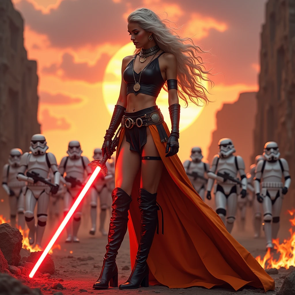 Personnage : Medalion Rahimi, en tenue de Sith. Elle porte une longue jupe noir et orange ouverte sur les cuisses, une ceinture de cuir avec des éléments décoratifs et des bottes noires montante et haut en decolleter en v laissant son ventre et ses seins, cheveux blanc et rouge flotant au vent. Son sabre laser est de couleur rouge rubie, allumé, et elle le tient dans une position défensive.

Position : Medalion Rahimi est en posture défensive, les jambes légèrement écartées et fléchies, la main non dominante posée sur le sabre laser pour soutenir l'équilibre. La lame du sabre est levée en position de garde, prêt à parer une attaque.

Décor : une zone urbaine détruite avec des flames autour d’elle tandis que derrière elle marche une armées  de storm troopers, doucement teinté par les reflets du soleil couchant. Le ciel est un mélange vibrant de teintes orangées, rouges et violettes, avec quelques nuages épars illuminés par la lumière dorée du crépuscule.