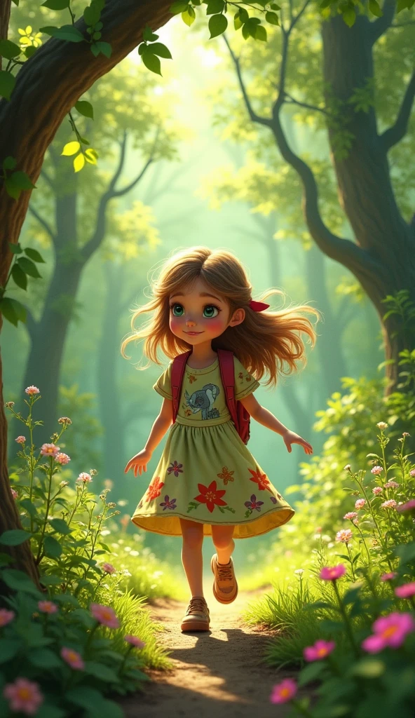 A curious with bright eyes, wearing a dress and carrying a small backpack, exploring a forest