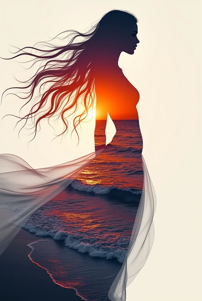 high quality, 8K Ultra HD, A beautiful double exposure that combines an goddess silhouette with sunset coast, sunset coast should serve as the underlying backdrop, with its details incorporated into the goddess , crisp lines, The background is monochrome, sharp focus, double exposure, by yukisakura, awesome full color,