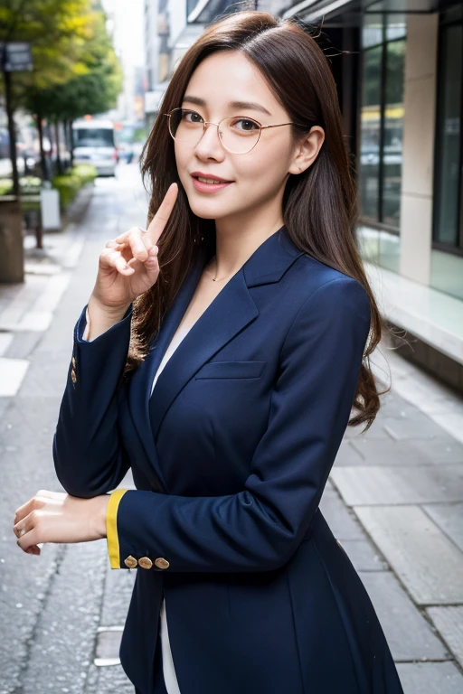 Highest quality, figure, Very detailed, In detail, High resolution, 8k wallpaper, Perfect dynamic composition, Beautiful attention to detail, Dark blue3Peace Suit,Skinhead, Natural color lip, Random and natural poses,smile,Aoyama Street Walk、60-year-old man,Wellington style sunglasses,Lips are thick and rosy,Eyes are long and narrow、Mustache under the nose,Tough atmosphere