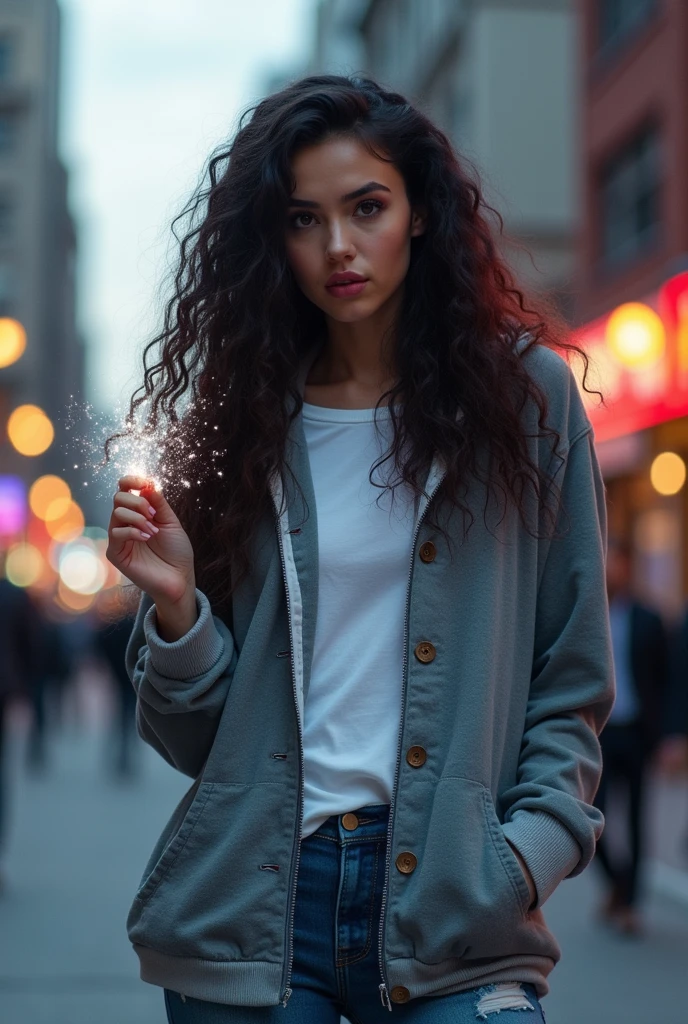 A modern superhero looks like Lyanna Stark. She has very long curly dark hair and light silver eyes. She has pale white skin. She's in her undercover personality. She's wearing jeans, t-shirt and hoodie. She looks young and pretty. She has ice power in hand. She's looking shy. She's pretty and She has girly type of beauty with cute face.