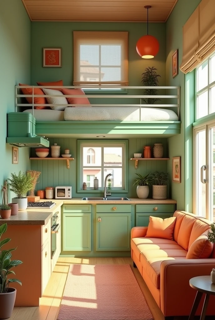 A small kitchen combined with a beautiful living room. With a cute little ladder going up to the bedroom with a bed on the mezzanine.  Designed with warm aesthetics!, Bright room, In 3D rendering style, realistic 3D style, soft and warm green theme, detailed and bright, Cozy place, daydreaming, bedroom filled with natural light, green and orange theme, in a room, Stylized 3D rendering