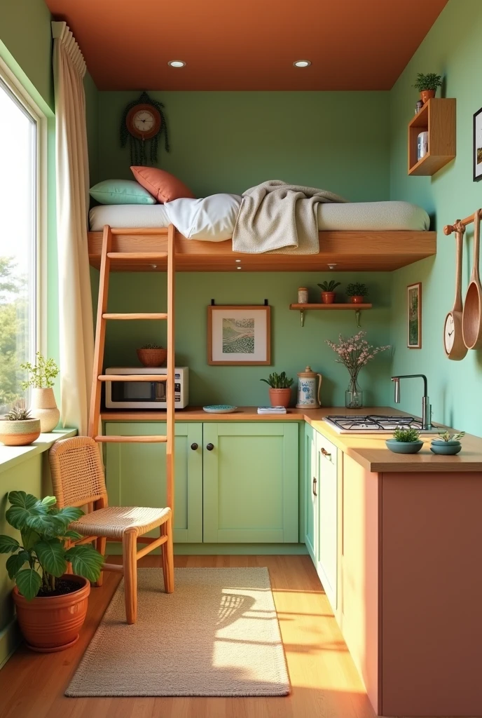 A small kitchen combined with a beautiful living room. With a cute little ladder going up to the bedroom with a bed on the mezzanine. Designed with warm aesthetics!, Bright room, In 3D rendering style, realistic 3D style, soft and warm green theme, detailed and bright, Cozy place, daydreaming, bedroom filled with natural light, green and orange theme, in a room, Stylized 3D rendering