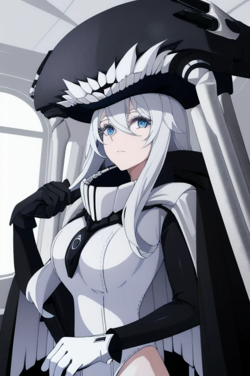 wo-class aircraft carrier, hat, gloves, breasts, hair, 1girl, white hair, solo, white skin, black gloves, bodysuit, blue eyes, black cape, cloak, leather pants, room, Masterpiece, Best Quality, 