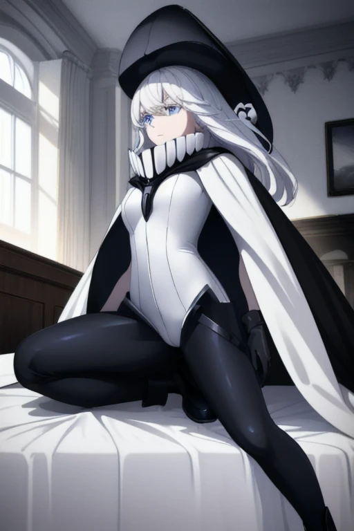 wo-class aircraft carrier, hat, gloves, hair, 1girl, white hair, solo, white skin, black gloves, bodysuit, blue eyes, black cape, cape covered, leather pants, Masterpiece, Best Quality, room. 