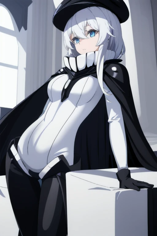 yorha no. 2 type b, white blindfold, white hairband, white dress, cleavage cutout, feather trimmed sleeves, black leotard, white gloves, black hair, long skirt, white skirt, thigh boots, room, long cape,