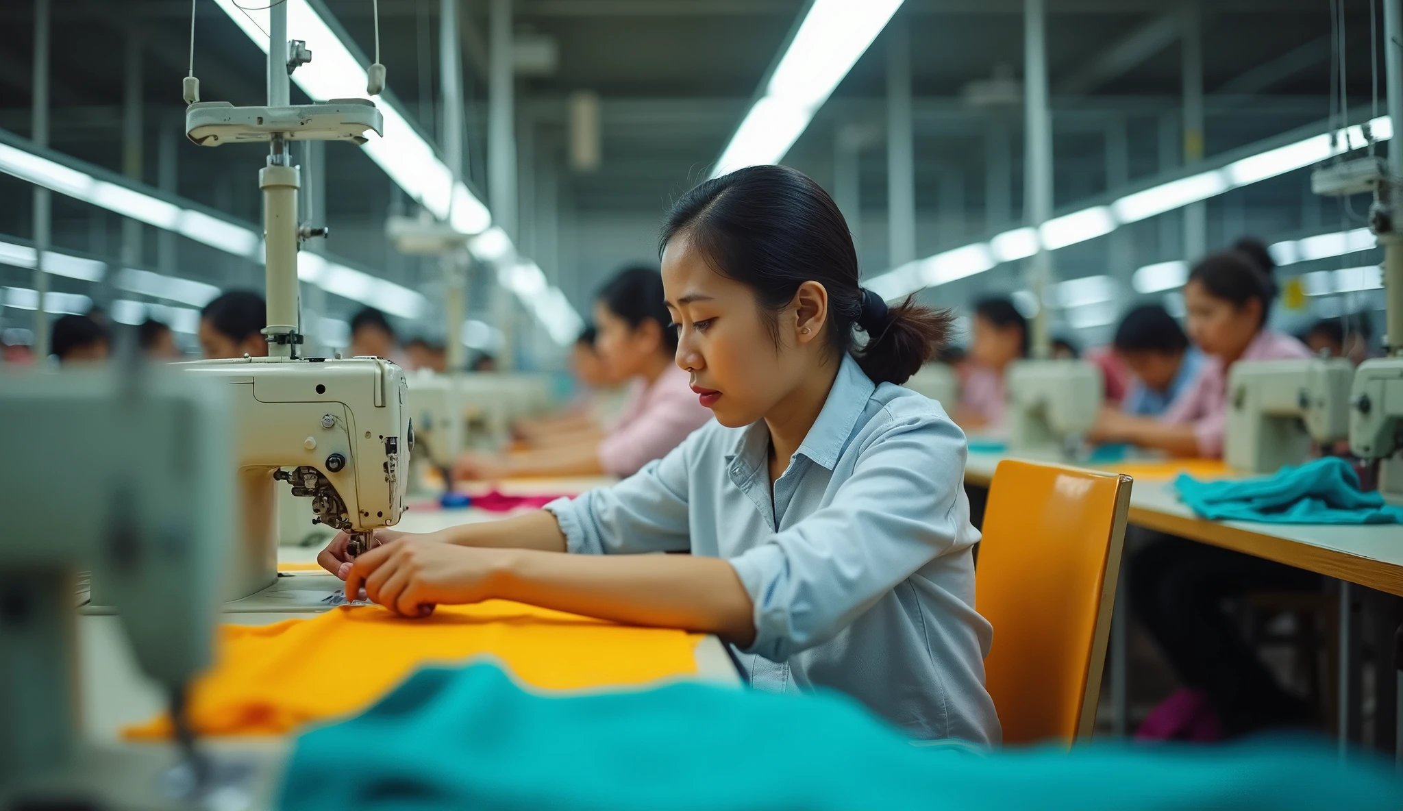 Vietnamese. Make a photo of 20 women working inside a garment factory.Employees running sewing machines. wide angle lens. Hand held.