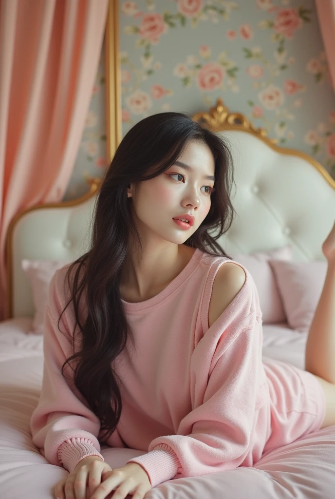 Highest quality、Realistic Women、Clear white skin、K-Pop Idols、Beautiful nose、High nose、Korean pretty woman、Face down on bed、Raise your upper body、Big Breasts、Wearing a tight light pink sweater、long hair、Center parted hair、Sitting on the bed、Sexy look、whole body、My are big、whole bodyを映す、Angle from the ceiling、Long legs、Beautiful legs、extensiive、whole bodyが見える、Showing from head to toe、Extremely white skin、Korean Beauty、Looking to the side、