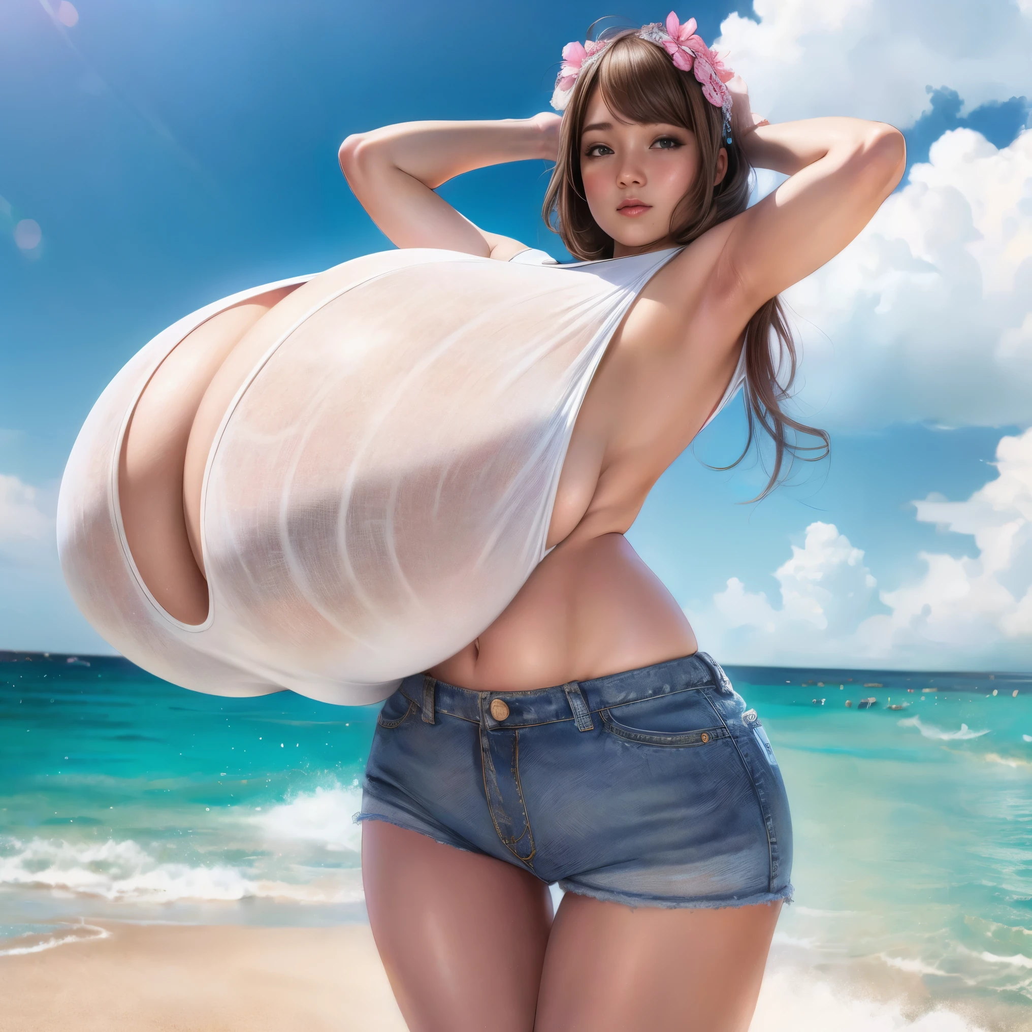 photoreal, 1girl, solo, detailed face, perfect face, perfect eyes, perfect fingers, beach, white sheer tanktop, jean short shorts, flower in hair, happy, huge breasts,(sideboob) hitomi-t, (thighgap:1.3)