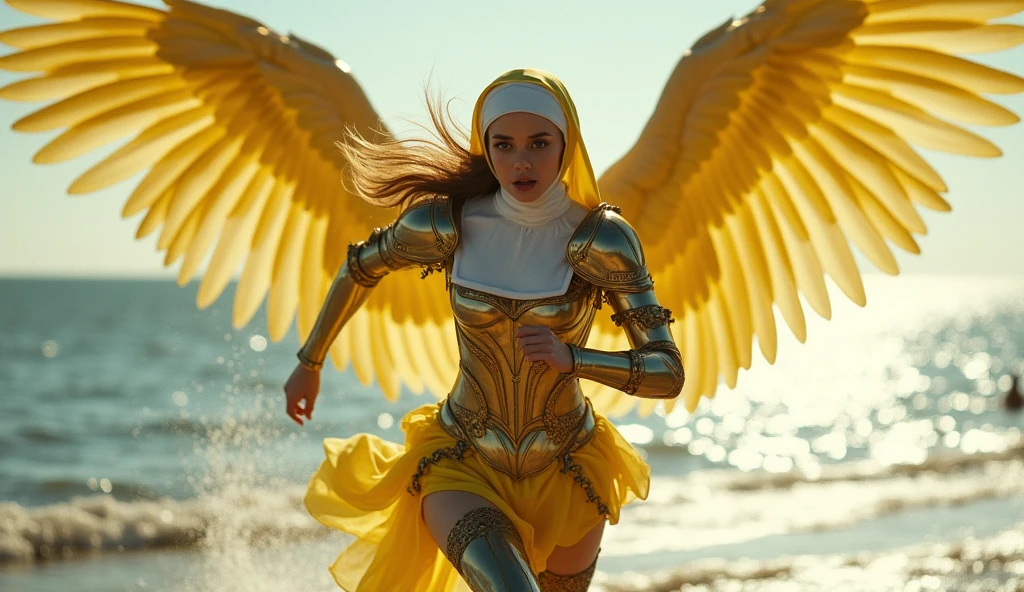 ((RAW Photos)), ((masterpiece)), Anthropomorphic humanoid angel girl in nun armor, Intricate details, running, A complex Greebles piece, Sea behind, Yellow wings, beautiful, Fine eyes and lips