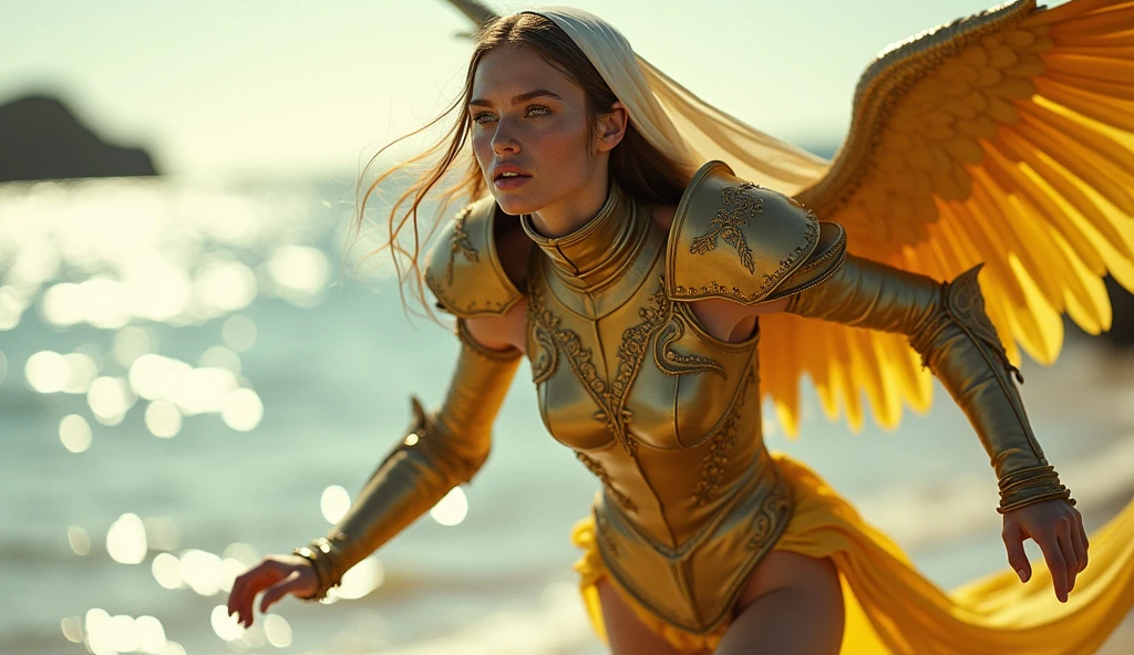 ((RAW Photos)), ((masterpiece)), Anthropomorphic humanoid angel girl in nun armor, Intricate details, running, A complex Greebles piece, Sea behind, Yellow wings, beautiful, Fine eyes and lips