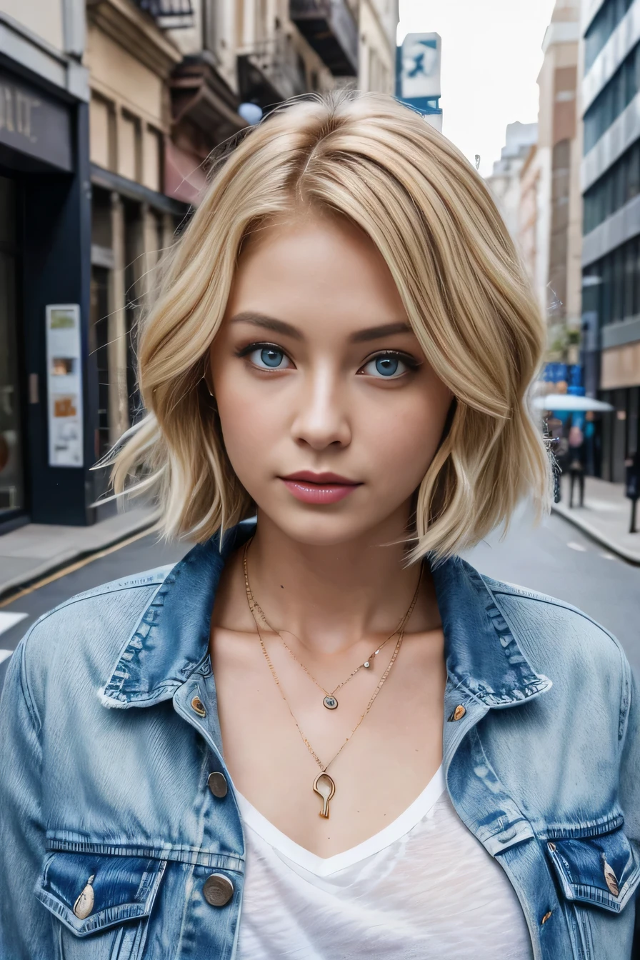 Super Resolution、Beautiful Caucasian Woman、、short hair、Blonde Hair、blue eyes、Wavy Hair、、ear piercing、necklace、Denim jacket、shirt、Please open your mouth a little、The background is the street, Task progress 70%%