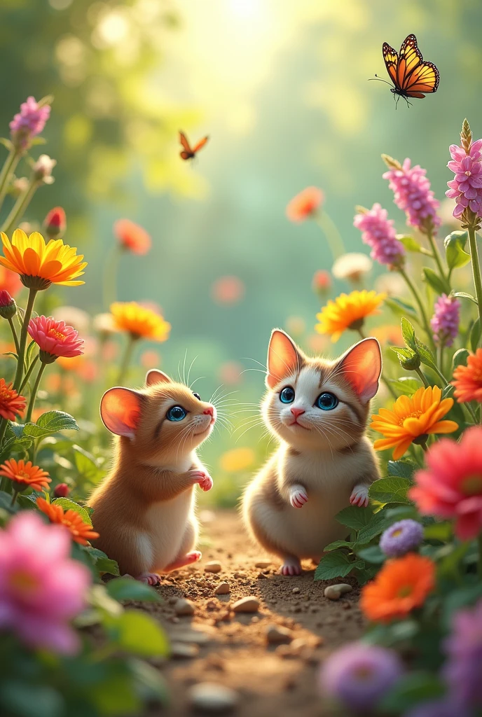 Hamsters having fun in a flower garden。
An illustration of a cat looking up at you with sparkling eyes