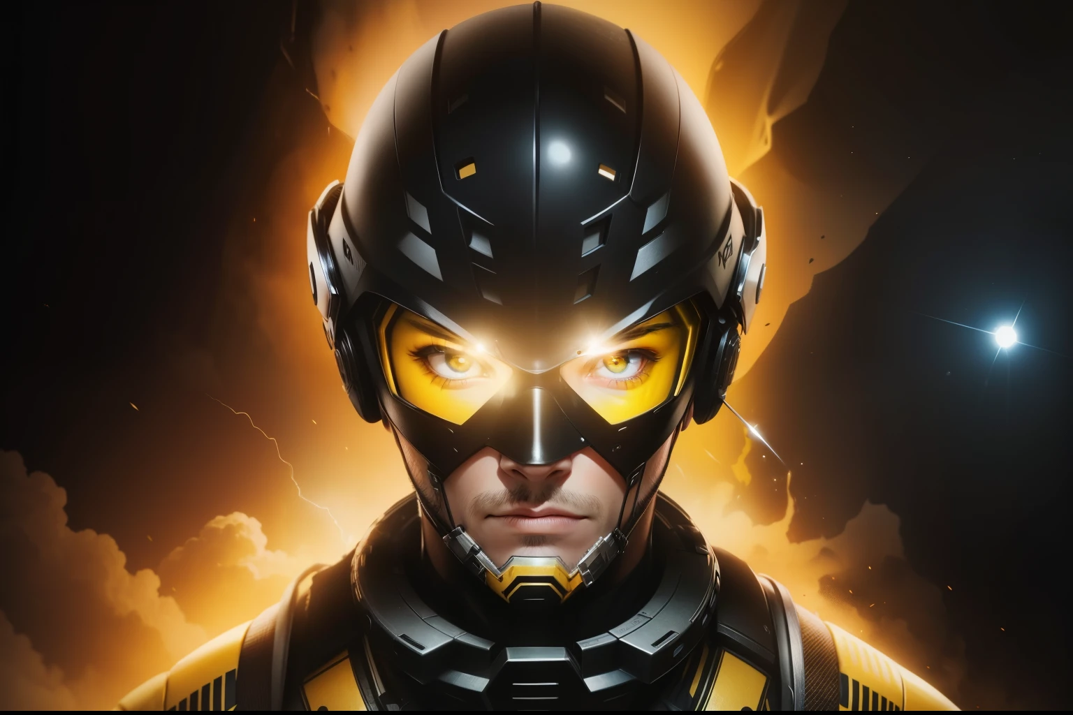 realistic male face, realistic male eyes, add a yellow glass mouth cover