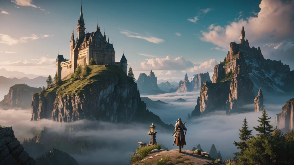 "A lone protagonist, resembling a fantasy warrior, stands at a distance, gazing at a majestic castle surrounded by mountains. The castle is grand and imposing, with tall spires and banners waving in the wind. The surrounding mountains are rugged and covered in mist, creating a mysterious and epic atmosphere. The scene should evoke a sense of adventure and wonder, similar to classic fantasy video games.",8K