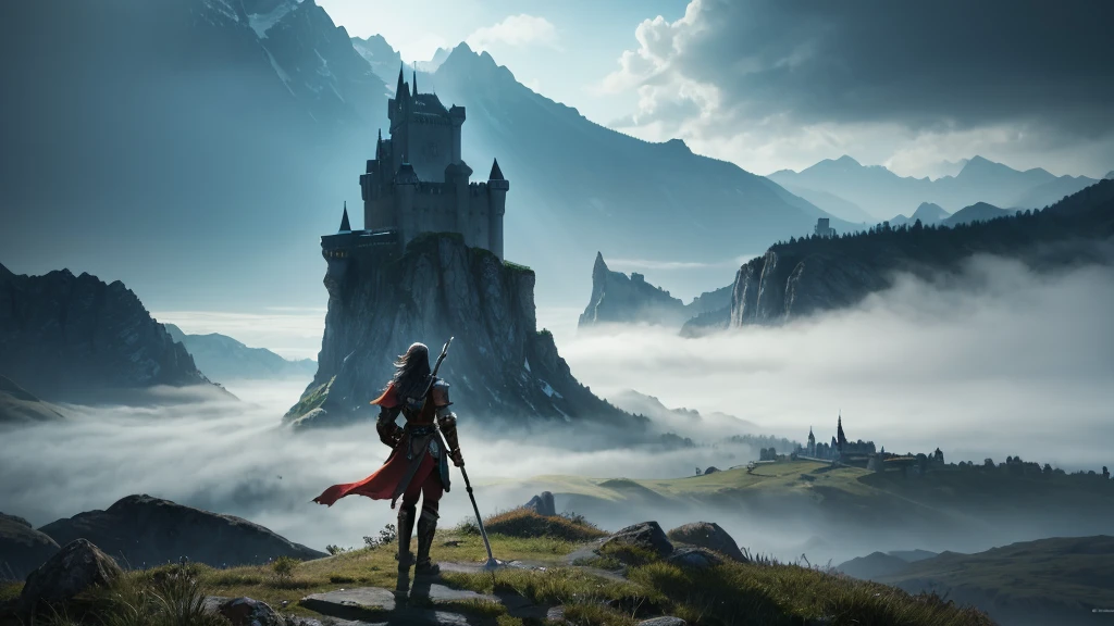 "A lone protagonist, resembling a fantasy warrior, stands at a distance, gazing at a majestic castle surrounded by mountains. The castle is grand and imposing, with tall spires and banners waving in the wind. The surrounding mountains are rugged and covered in mist, creating a mysterious and epic atmosphere. The scene should evoke a sense of adventure and wonder, similar to classic fantasy video games.",8K