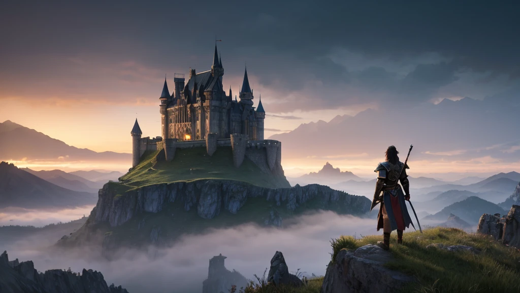 "A lone protagonist, resembling a fantasy warrior, stands at a distance, gazing at a majestic castle surrounded by mountains. The castle is grand and imposing, with tall spires and banners waving in the wind. The surrounding mountains are rugged and covered in mist, creating a mysterious and epic atmosphere. The scene should evoke a sense of adventure and wonder, similar to classic fantasy video games.",8K