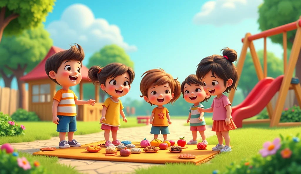  2.Live-Action with cartoon Kids
Prompt: “Design a cartoon scene with diverse Little children counting objects in everyday settings such as a playground or classroom. Include activities like picking up toys, counting steps, and arranging snacks. The cartoon children should be smiling and actively participating.”