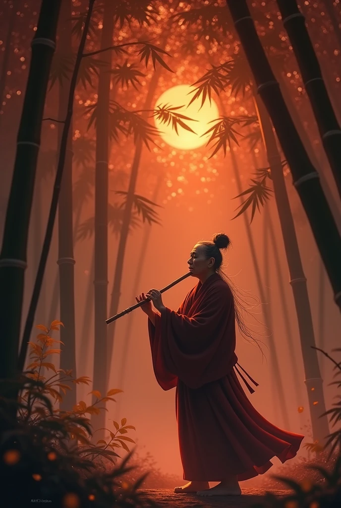 (Starry sky background:1.2)、A cool sound echoes from the bamboo forest..、elder, Bamboo Spirit, Playing the bamboo flute.、The bamboo leaves rustle to the melody、drop down.、elderは奇妙な衣服を身につけている, Resembles both a Japanese kimono and a hermit&#39;s robe.、A fantastic atmosphere、(Highest quality、masterpiece)、4K、wallpaper、