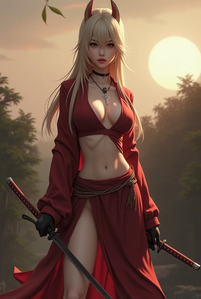 This artwork should be hyper-realistic, capturing every detail with stunning clarity, Imagine a blonde female kunoichi in her prime, with a slender yet toned physique honed for stealth and agility. Hints of muscle definition can be subtly visible, suggesting her hidden strength, Clad in traditional shinobi attire with a twist. Think a dark, flowing uwagi (ninja jacket) open to reveal her skin, or a hakama (divided skirt) with a higher split showcasing her athletic legs, Pay close attention to the pose - perhaps she kneels gracefully in a hidden alcove, one hand resting on a katana hilt, or stands poised for action with a determined glint in her eye, This kunoichi possesses an ethereal beauty, with flawless features and captivating eyes that radiate intelligence and a hint of hidden danger, Her expression should be one of captivating confidence, with a hint of a focused intensity or a sly smirk that suggests an untamed spirit, Capture the subtle differences in texture between her flawless skin and the smooth silk of her uwagi, show skin, highlighting the contrast between beauty and lethality, Let the pose and the way her clothing drapes hint at her figure and being overly revealing, Emphasize the traditional elements of the kunoichi attire, such as the dark colors, hidden weapons, and perhaps a half-mask peeking out from a pocket,Consider incorporating elements of her environment, like a moonlit bamboo forest or a crumbling temple interior, hinting at her mastery of stealth and deception,This artwork should exude an air of captivating beauty and deadly efficiency, The kunoichi is aware of sexiness and allure, possessing naughtyness and an untamed spirit, NSFW, not safe for work,