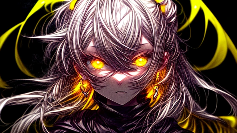 mksks style, One person, cute, Surrounded by yellow lights, Golden Eyes, Gray Hair, Black background, close, No smiles, masterpiece, Super detailed
