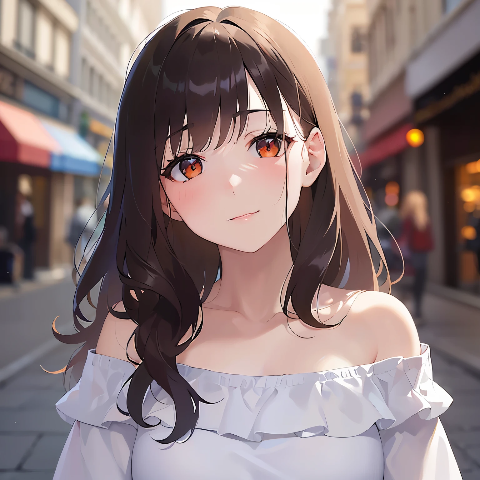 (looking at viewer:1.5)Upper Body, head tilt,
Realistic, real person, (pale skin: 1.2), RAW photo, photorealistic, shiny skin, shiny hair、(A 25-year-old woman with medium-length hair and bangs) and (wavy hair) and (brown hair) and (orange eyes) ,
(white) and (off shoulder blouse),
worried,blush,smile,(alone:1.5),The background is a busy street