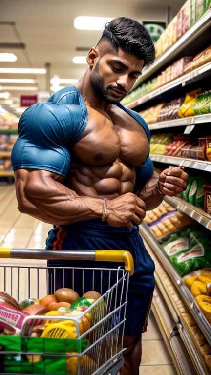 Handsome masuculine bodybuilder 30 years old INDIAN GURJAR doing shopping in supermarket 