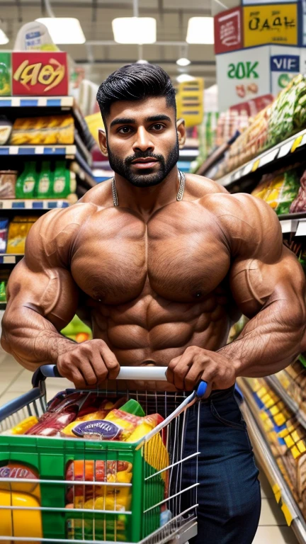 Handsome masuculine bodybuilder 30 years old INDIAN GURJAR doing shopping in supermarket