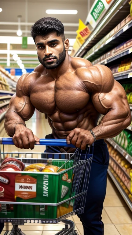 Handsome masuculine bodybuilder 30 years old INDIAN GURJAR doing shopping in supermarket