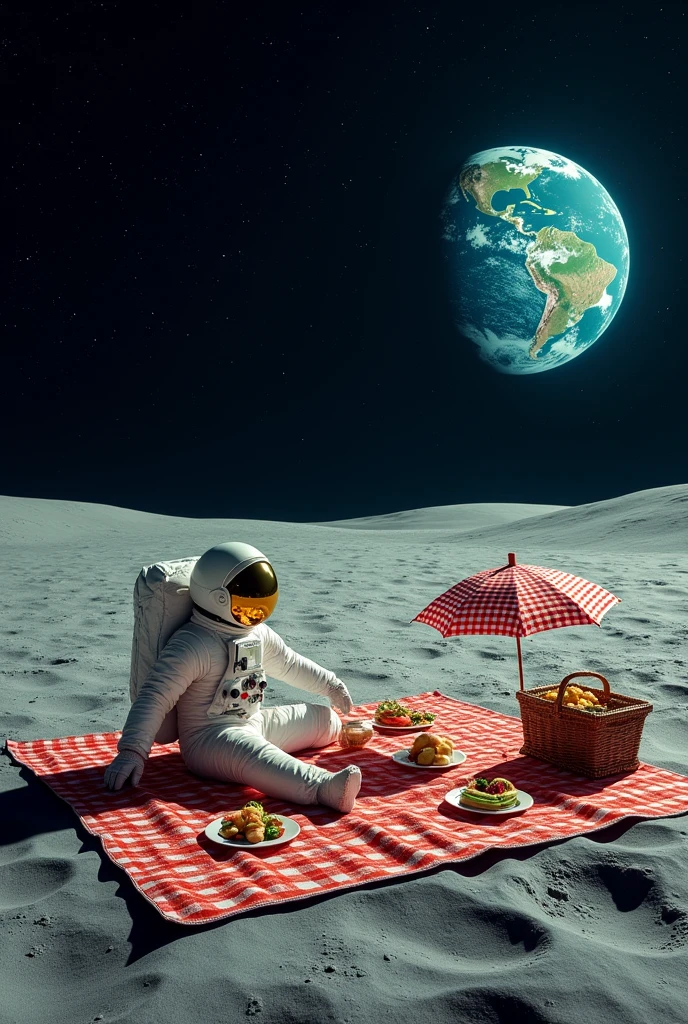 An astronaut sits on a picnic blanket spread out on the lunar surface, surrounded by plates with food, a classic picnic basket, and a colorful umbrella that offers shade, while the Earth shines in the lunar sky