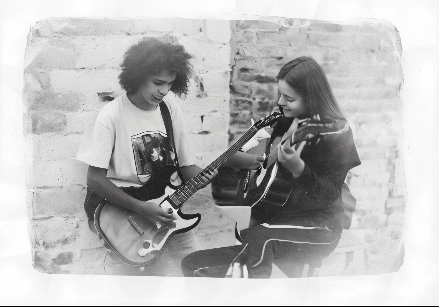 in black and white photo，Two young people playing guitar together。,Monochrome photos, Hasselblad 100-megapixel quality photos,